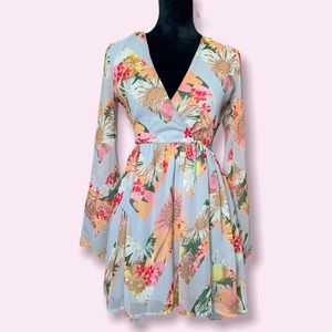 Love, fire faux wrap dress with sheer bell sleeves